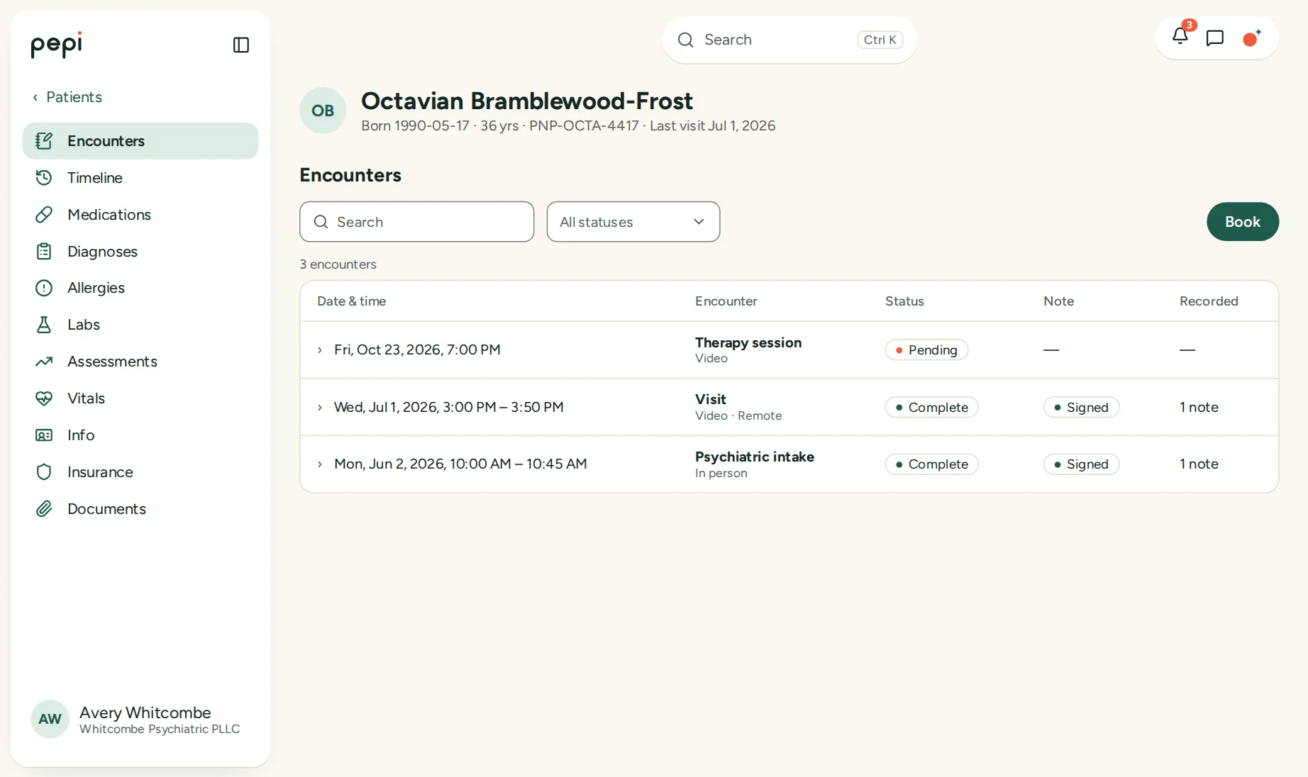 A patient's chart in pepi: encounters, timeline, medications, diagnoses, labs, assessments and more